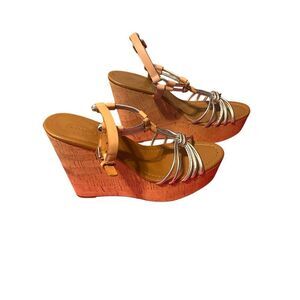 Coach Womens Georgina Metallic Strappy Cork Platform Wedge Sandals Tan Size 8.5B